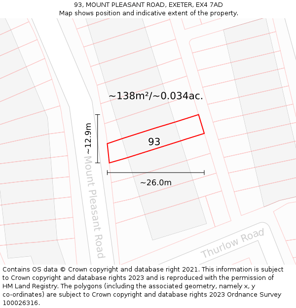 93, MOUNT PLEASANT ROAD, EXETER, EX4 7AD: Plot and title map