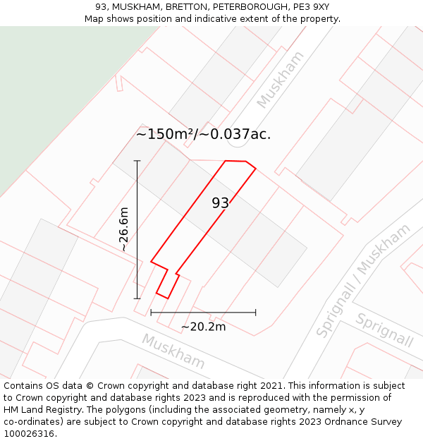 93, MUSKHAM, BRETTON, PETERBOROUGH, PE3 9XY: Plot and title map