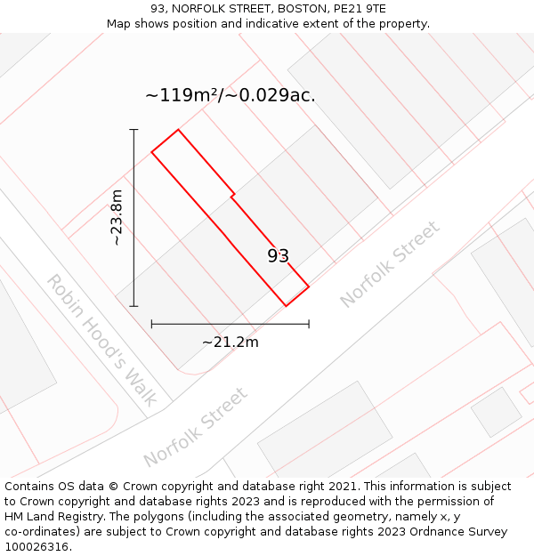 93, NORFOLK STREET, BOSTON, PE21 9TE: Plot and title map