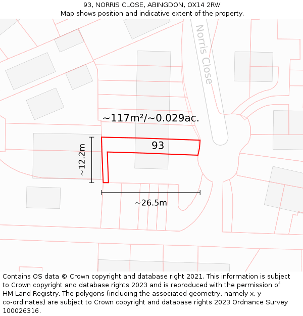 93, NORRIS CLOSE, ABINGDON, OX14 2RW: Plot and title map