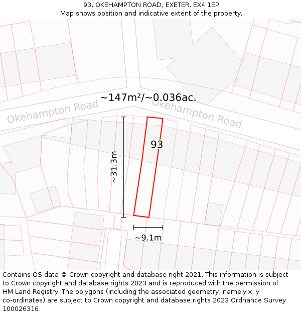 93, OKEHAMPTON ROAD, EXETER, EX4 1EP: Plot and title map