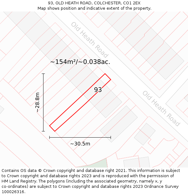 93, OLD HEATH ROAD, COLCHESTER, CO1 2EX: Plot and title map