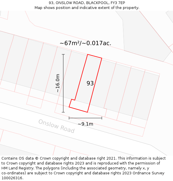 93, ONSLOW ROAD, BLACKPOOL, FY3 7EP: Plot and title map