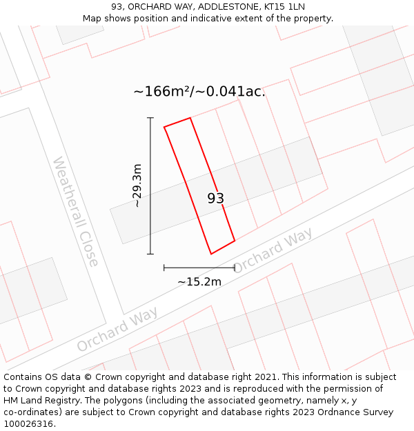 93, ORCHARD WAY, ADDLESTONE, KT15 1LN: Plot and title map