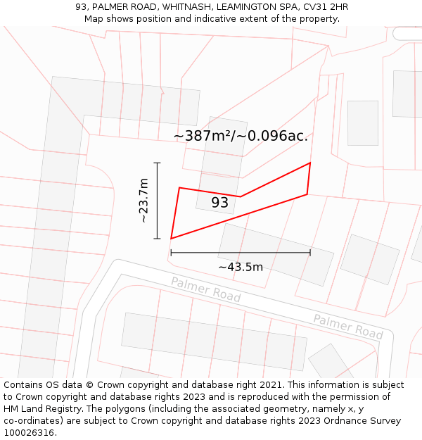93, PALMER ROAD, WHITNASH, LEAMINGTON SPA, CV31 2HR: Plot and title map