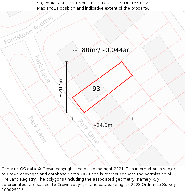 93, PARK LANE, PREESALL, POULTON-LE-FYLDE, FY6 0DZ: Plot and title map