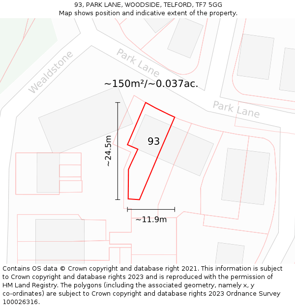 93, PARK LANE, WOODSIDE, TELFORD, TF7 5GG: Plot and title map