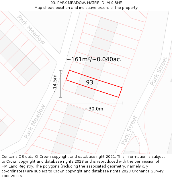 93, PARK MEADOW, HATFIELD, AL9 5HE: Plot and title map