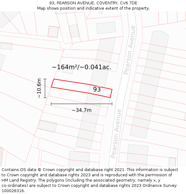 93, PEARSON AVENUE, COVENTRY, CV6 7DE: Plot and title map
