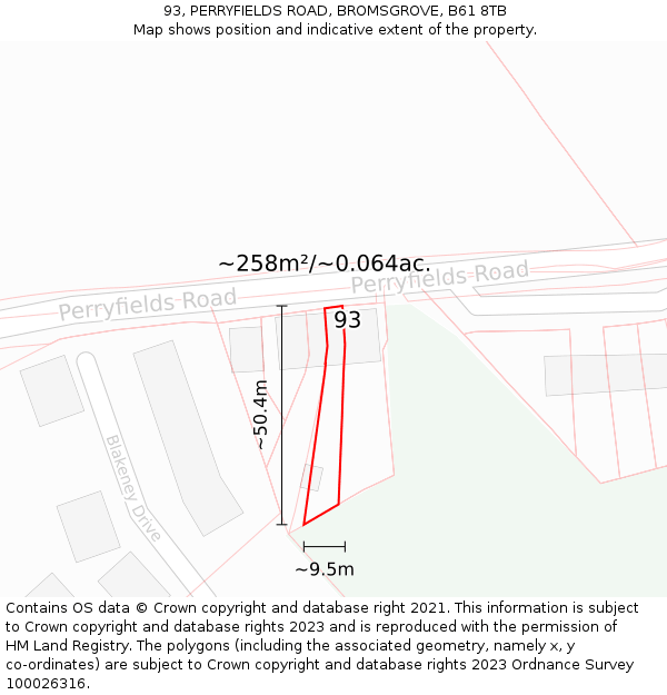 93, PERRYFIELDS ROAD, BROMSGROVE, B61 8TB: Plot and title map