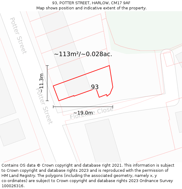 93, POTTER STREET, HARLOW, CM17 9AF: Plot and title map