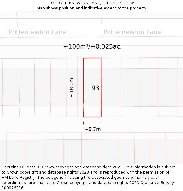 93, POTTERNEWTON LANE, LEEDS, LS7 3LW: Plot and title map