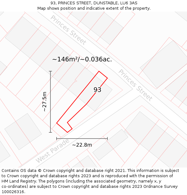 93, PRINCES STREET, DUNSTABLE, LU6 3AS: Plot and title map
