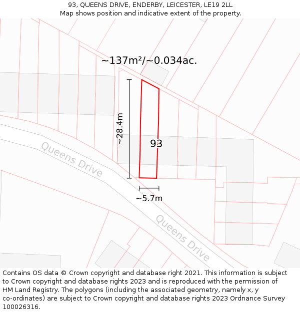93, QUEENS DRIVE, ENDERBY, LEICESTER, LE19 2LL: Plot and title map