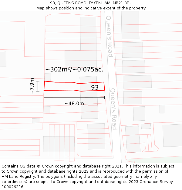 93, QUEENS ROAD, FAKENHAM, NR21 8BU: Plot and title map