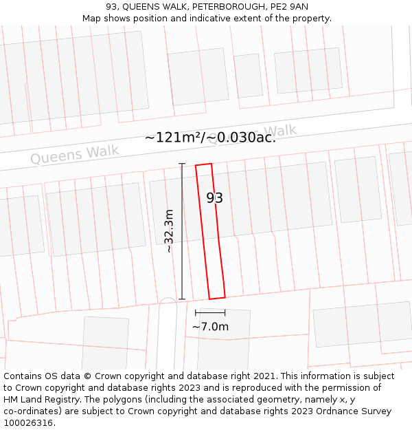 93, QUEENS WALK, PETERBOROUGH, PE2 9AN: Plot and title map