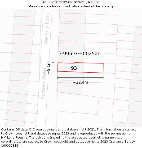 93, RECTORY ROAD, IPSWICH, IP2 8EQ: Plot and title map