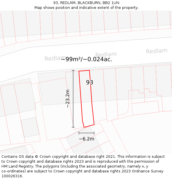 93, REDLAM, BLACKBURN, BB2 1UN: Plot and title map