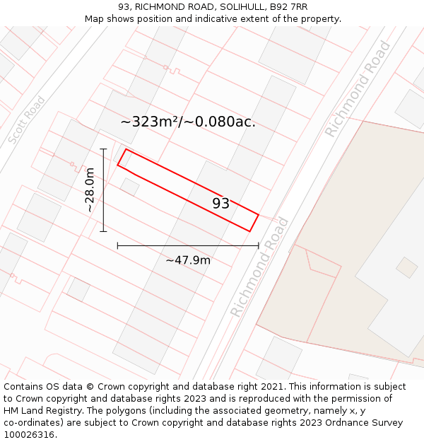 93, RICHMOND ROAD, SOLIHULL, B92 7RR: Plot and title map