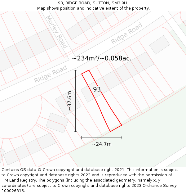 93, RIDGE ROAD, SUTTON, SM3 9LL: Plot and title map