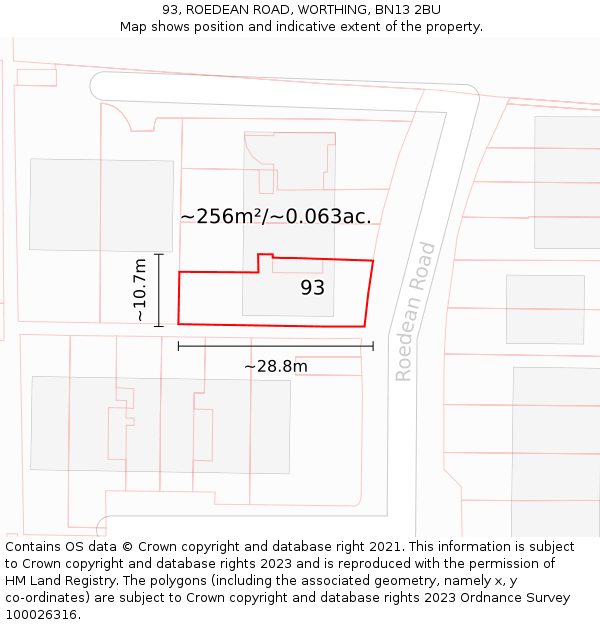 93, ROEDEAN ROAD, WORTHING, BN13 2BU: Plot and title map