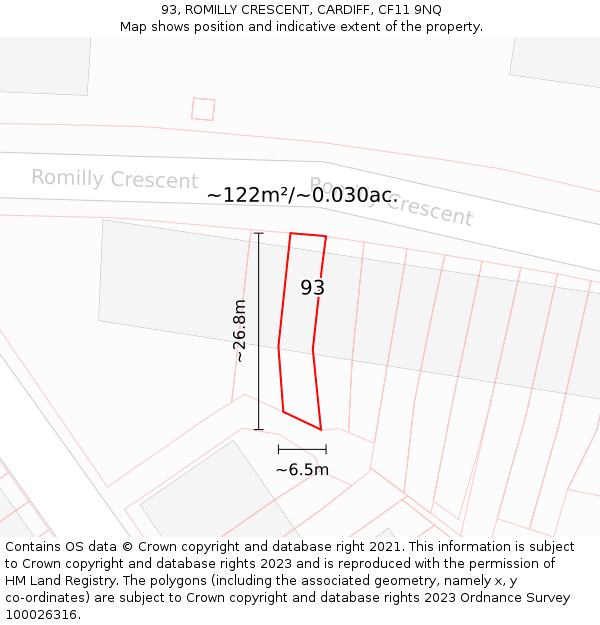 93, ROMILLY CRESCENT, CARDIFF, CF11 9NQ: Plot and title map