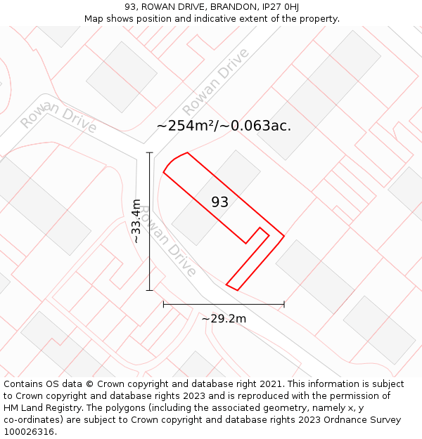 93, ROWAN DRIVE, BRANDON, IP27 0HJ: Plot and title map