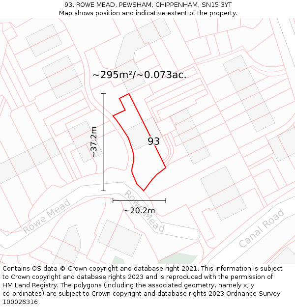 93, ROWE MEAD, PEWSHAM, CHIPPENHAM, SN15 3YT: Plot and title map