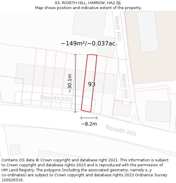 93, ROXETH HILL, HARROW, HA2 0JL: Plot and title map