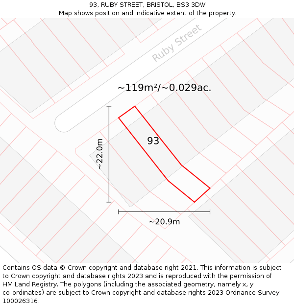 93, RUBY STREET, BRISTOL, BS3 3DW: Plot and title map