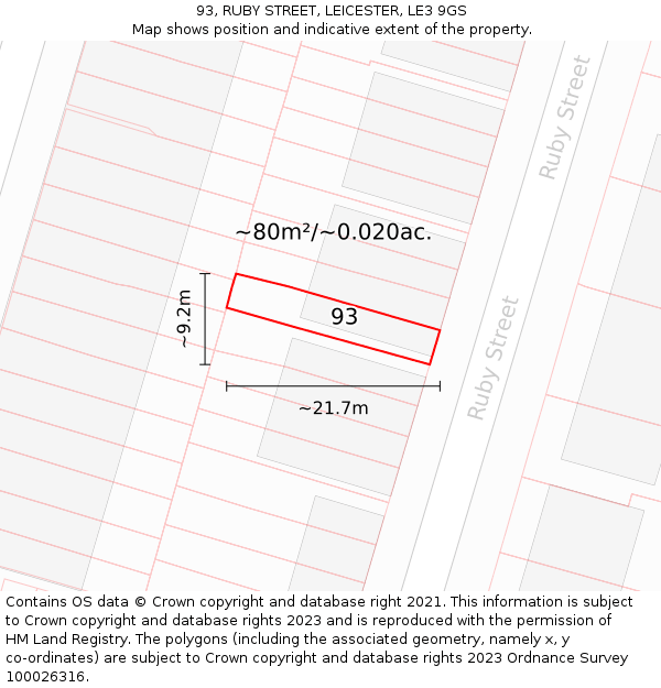 93, RUBY STREET, LEICESTER, LE3 9GS: Plot and title map