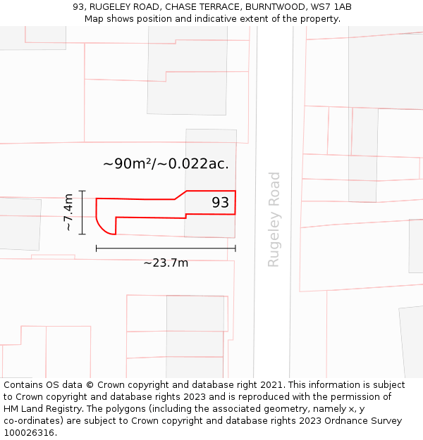 93, RUGELEY ROAD, CHASE TERRACE, BURNTWOOD, WS7 1AB: Plot and title map