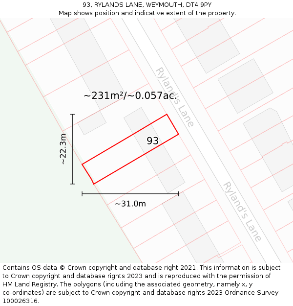 93, RYLANDS LANE, WEYMOUTH, DT4 9PY: Plot and title map