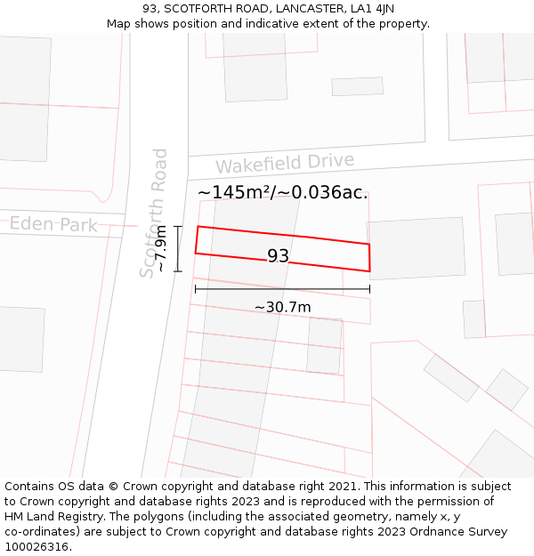 93, SCOTFORTH ROAD, LANCASTER, LA1 4JN: Plot and title map