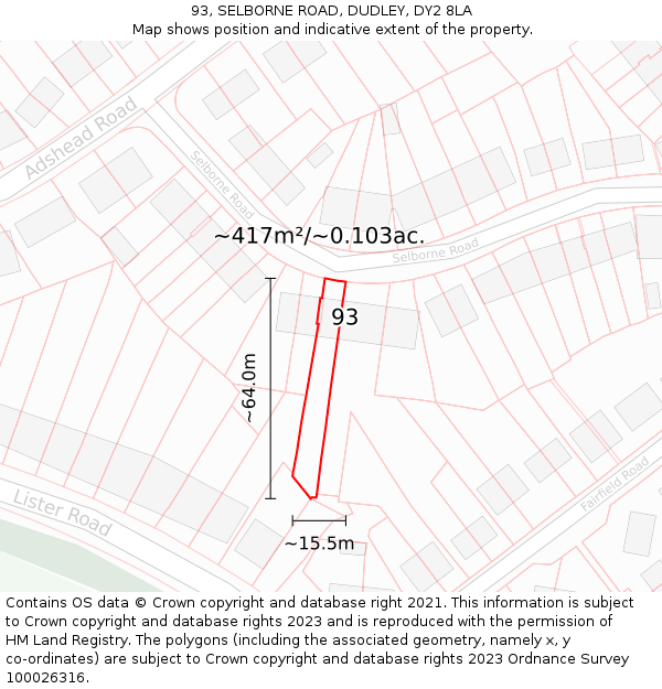 93, SELBORNE ROAD, DUDLEY, DY2 8LA: Plot and title map