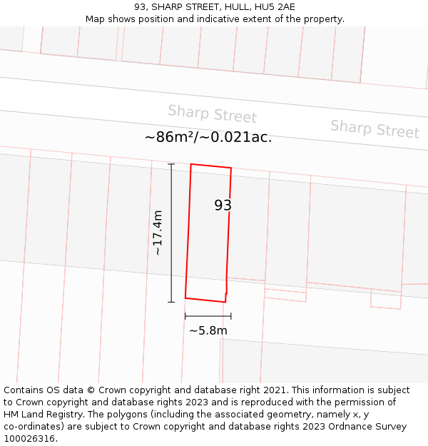 93, SHARP STREET, HULL, HU5 2AE: Plot and title map