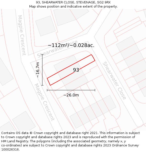 93, SHEARWATER CLOSE, STEVENAGE, SG2 9RX: Plot and title map