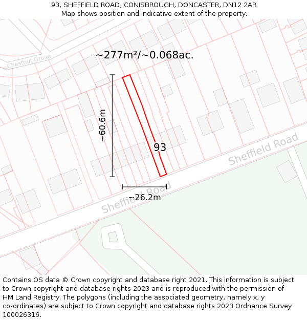 93, SHEFFIELD ROAD, CONISBROUGH, DONCASTER, DN12 2AR: Plot and title map