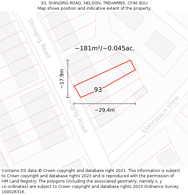 93, SHINGRIG ROAD, NELSON, TREHARRIS, CF46 6DU: Plot and title map