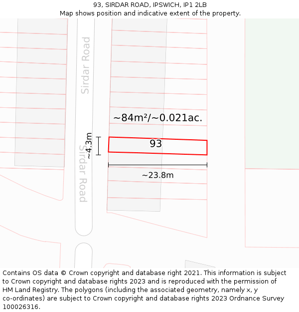 93, SIRDAR ROAD, IPSWICH, IP1 2LB: Plot and title map