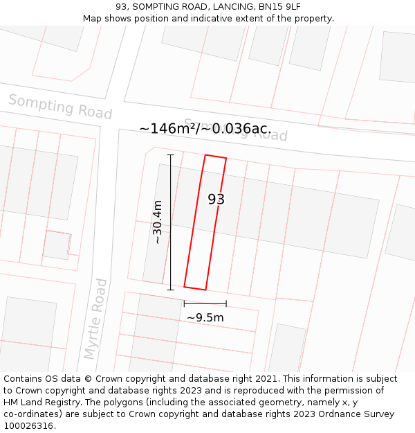 93, SOMPTING ROAD, LANCING, BN15 9LF: Plot and title map