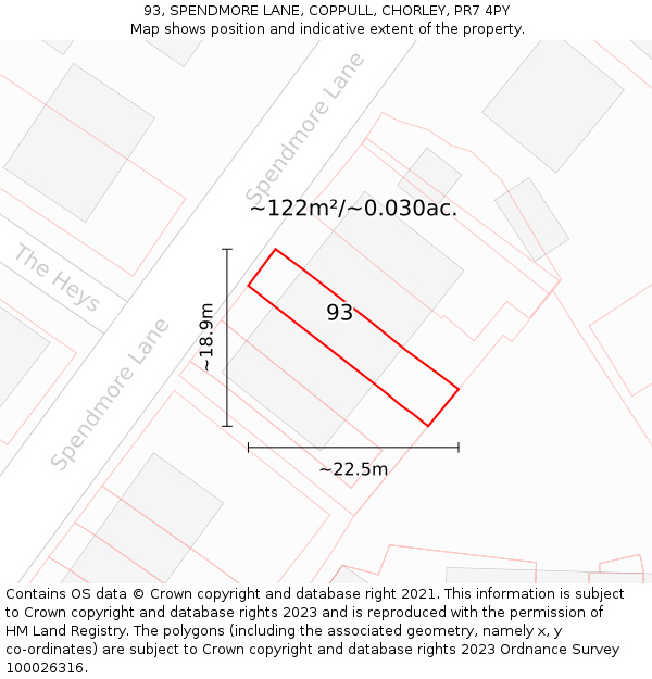 93, SPENDMORE LANE, COPPULL, CHORLEY, PR7 4PY: Plot and title map