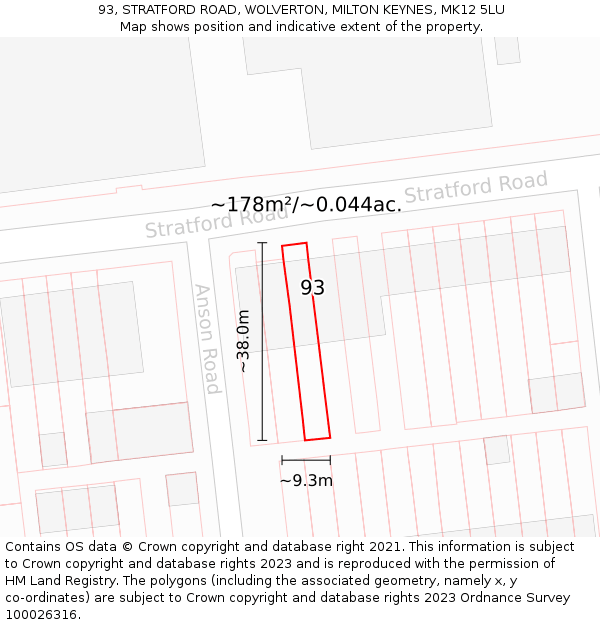 93, STRATFORD ROAD, WOLVERTON, MILTON KEYNES, MK12 5LU: Plot and title map