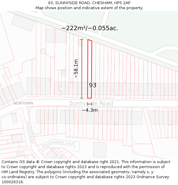 93, SUNNYSIDE ROAD, CHESHAM, HP5 2AP: Plot and title map