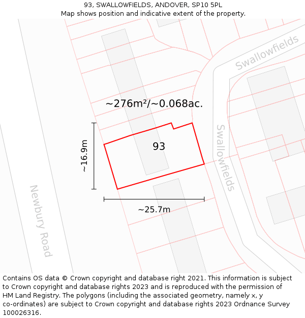 93, SWALLOWFIELDS, ANDOVER, SP10 5PL: Plot and title map