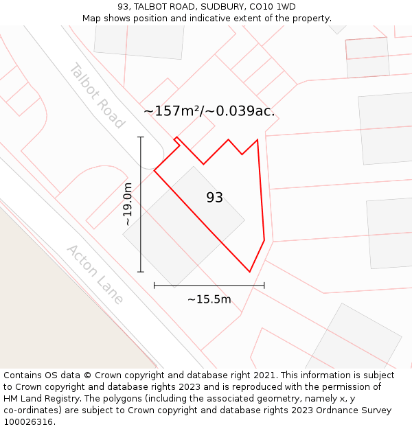 93, TALBOT ROAD, SUDBURY, CO10 1WD: Plot and title map