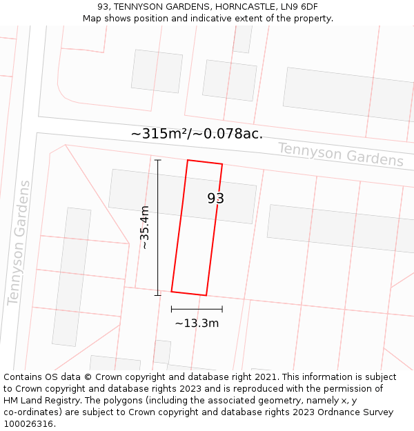 93, TENNYSON GARDENS, HORNCASTLE, LN9 6DF: Plot and title map