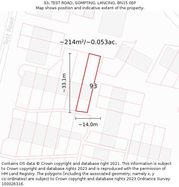 93, TEST ROAD, SOMPTING, LANCING, BN15 0EP: Plot and title map