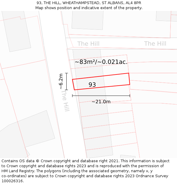 93, THE HILL, WHEATHAMPSTEAD, ST ALBANS, AL4 8PR: Plot and title map