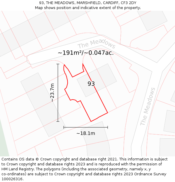 93, THE MEADOWS, MARSHFIELD, CARDIFF, CF3 2DY: Plot and title map
